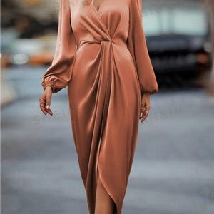 Privé Lantern Sleeve, Twist Front, Wrap Hem, Satin Dress NEW
